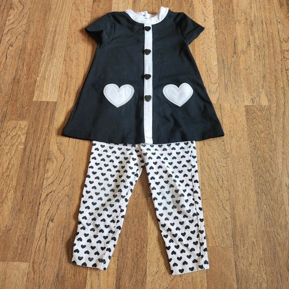 Little Me Toddler Girls Black White Heart Tunic and Leggings 2 Piece Set 24M 552